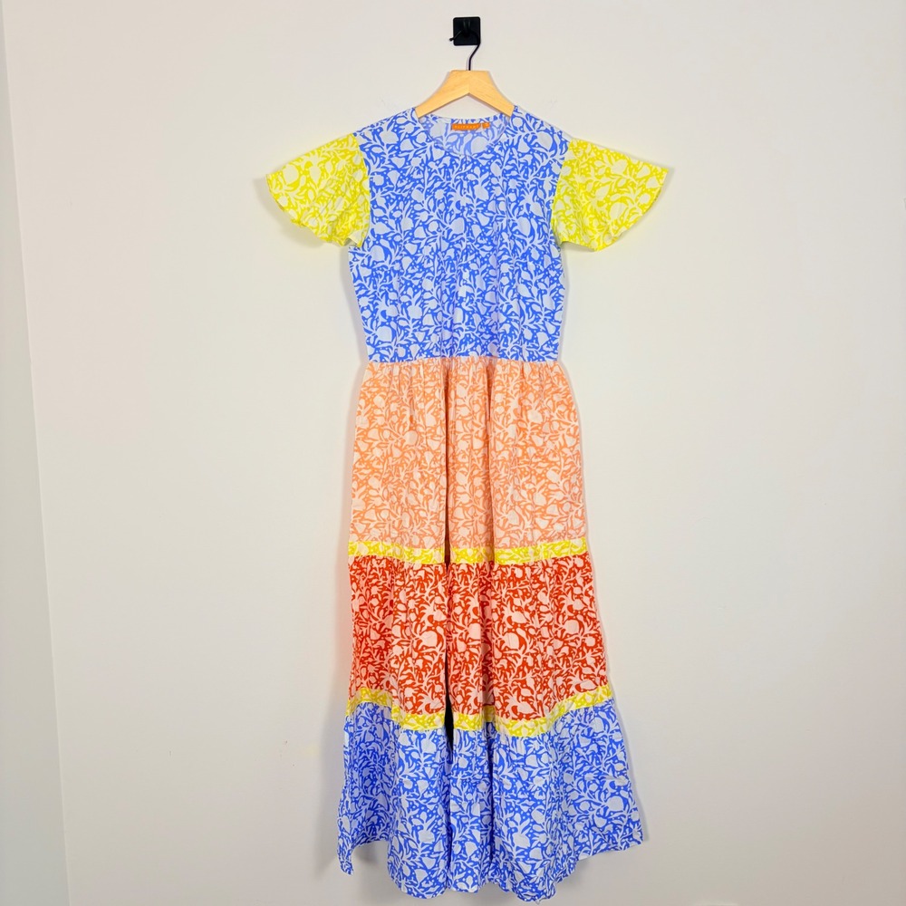 Oliphant 3042V V Neck Puff Sleeve Maxi Dress Canary Colorblock Floral Tiered S - Picture 2 of 9